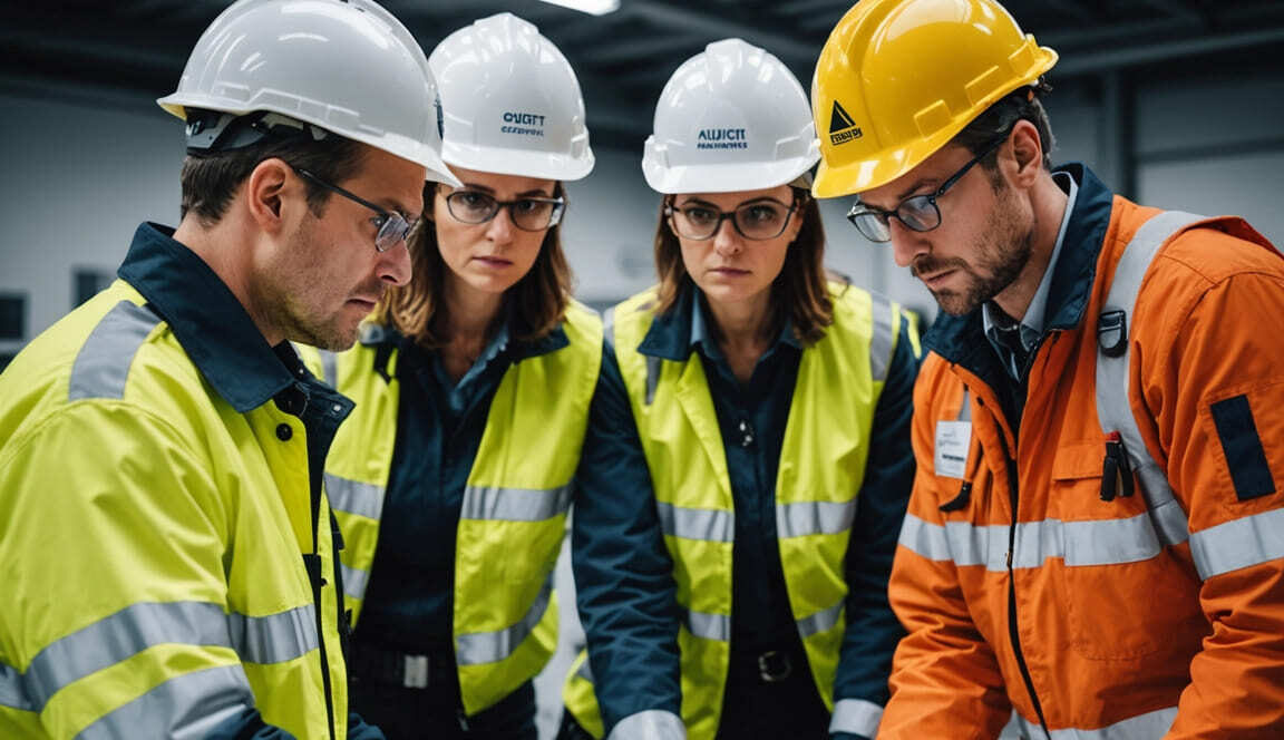 Técnico especialista realizando auditoría de autoprotección y revisión de plan de emergencias en instalación